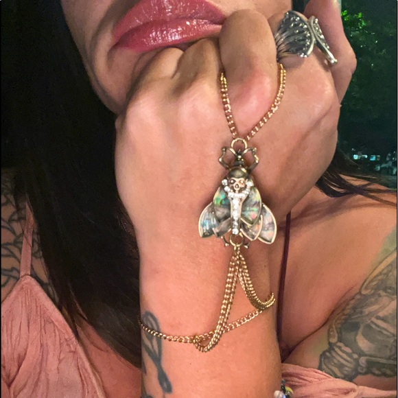 Gold & Abalone Iridescent Skull Moth Statement Hand Chain - Picture 6 of 14
